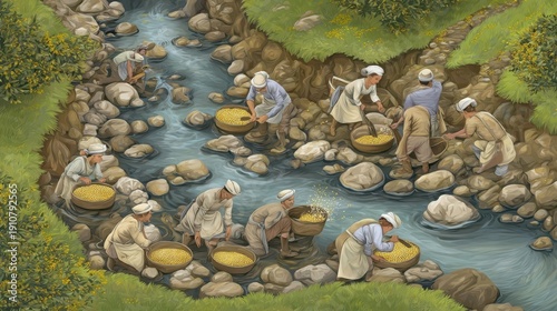 A picturesque scene of people working together to sort seeds by a tranquil mountain stream.