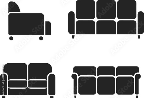 Sofa and couch silhouette collection, modern living room furniture set, comfortable seating icons illustration isolated interior design bundle