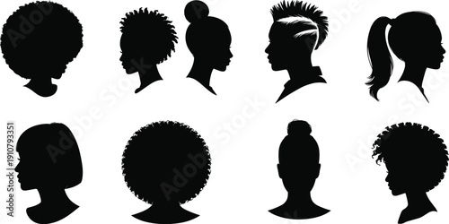 Women hairstyle silhouette collection, afro bun ponytail and short hair profiles set, beauty fashion illustration bundle design