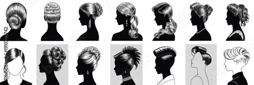 Women hairstyles, vintage updos, hair silhouettes, beauty illustration, fashion styles, salon design, elegant buns, retro hair collection