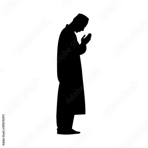 Muslim man making dua while standing silhouette vector illustration.