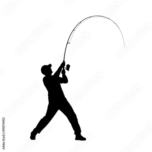 Silhouette of a fisherman casting a fishing rod with determination.