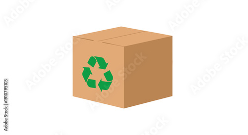 Cardboard box with green recycling symbol on it isolated on white background