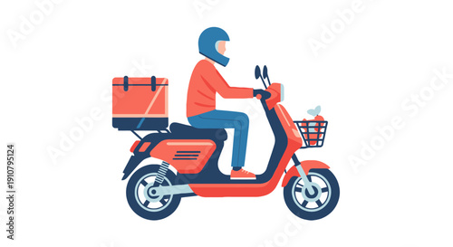 Delivery person riding a scooter with a parcel box, viewed from the side