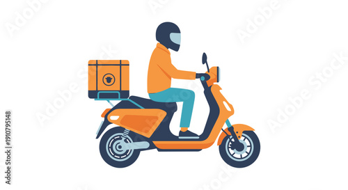 Delivery person riding scooter with package box attached, urban transport scene, vector illustration