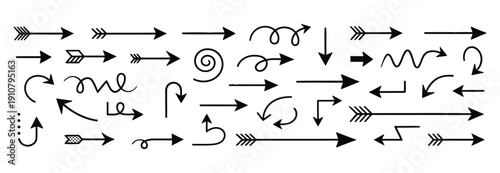 Various hand drawn black arrows pointing in different directions, indicating movement and navigation, on a transparent background