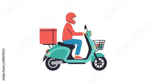Delivery person riding a scooter with a package in a urban setting from a side viewpoint
