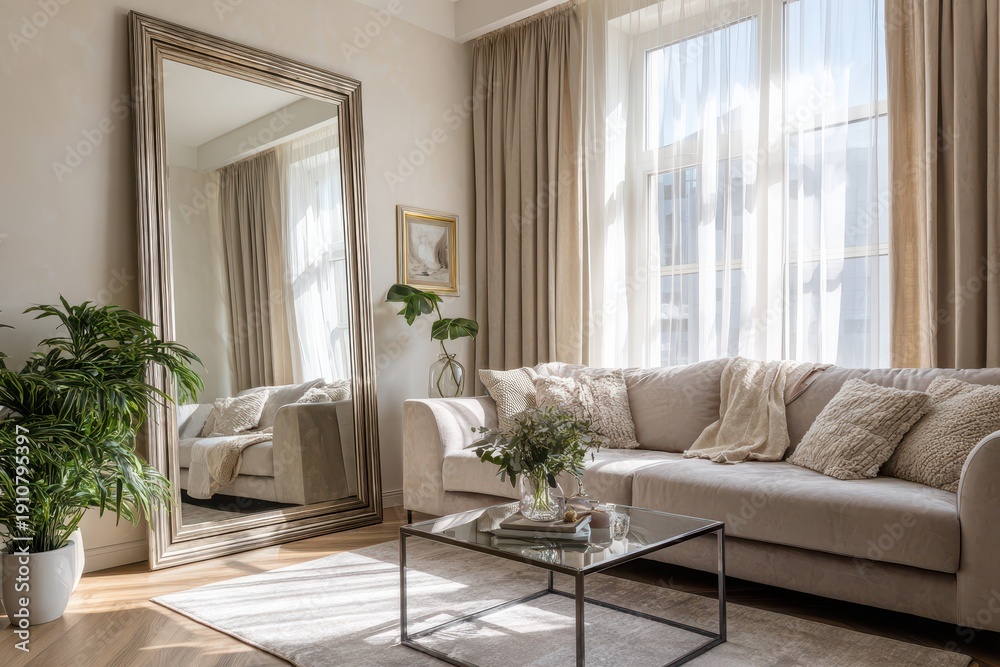 Fototapeta premium Sophisticated living space showcasing a statement mirror and elegant curtain styling