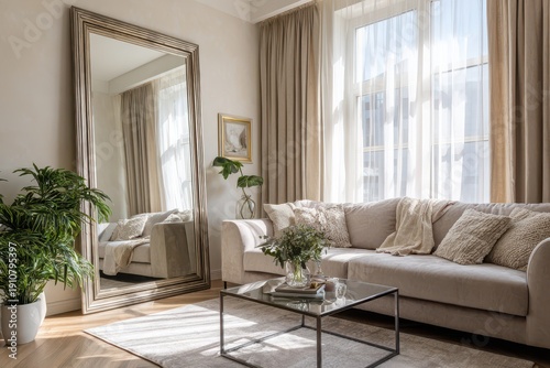 Sophisticated living space showcasing a statement mirror and elegant curtain styling