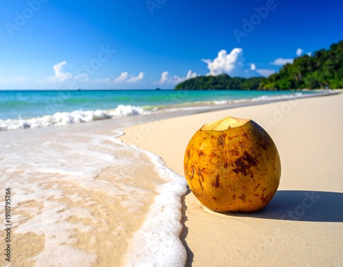 Tropical Beach Paradise - Coconut Refreshment on Sandy Shore.
