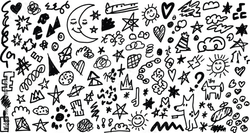 A collection of various whimsical doodles and symbols in black on a white background