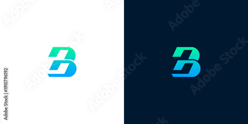 Sleek, modern letter B logotype featuring a dynamic blue and green gradient, embodying technological innovation and digital fluidity for contemporary branding projects