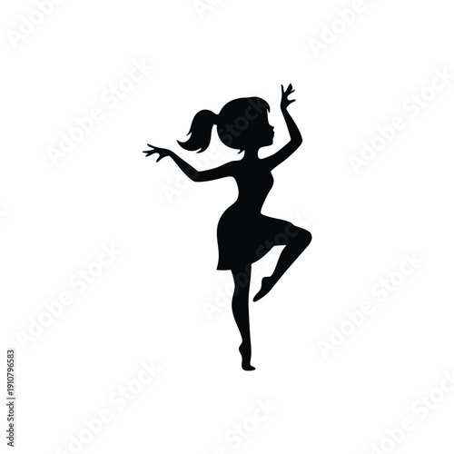 Girl Dancing Lifted Leg Silhouette Vector. Cartoon Kid Dancing Black Silhouette. Playful Child Ballet Pose Clip Art Illustration.