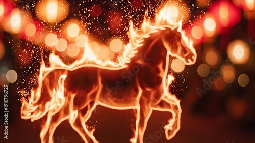 Fiery Horse Silhouette Against Blurred Red Lanterns and Golden Sparkles