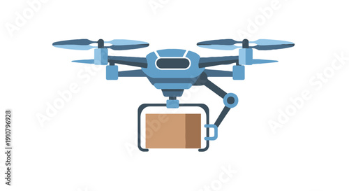 Drone aircraft delivering package in mid-air with robotic arm