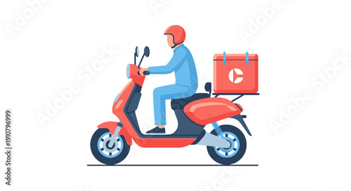 Delivery person riding a scooter with a package in urban environment from side viewpoint
