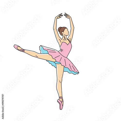 A slim ballerina in a glamour fashion dress performs a beauty dance jump, shown as a vector cartoon illustration of a dancing woman model with long hair and an art body