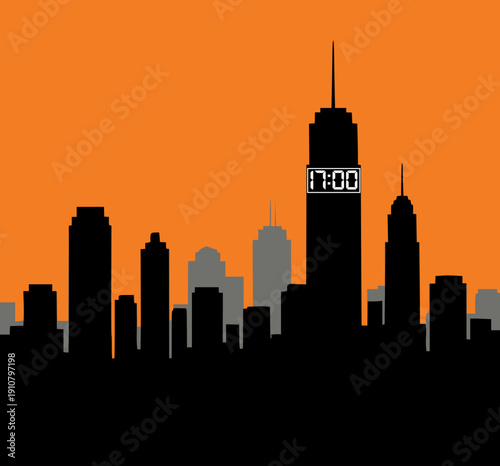 5pm Sunset Cityscape Black Silhouette Vector