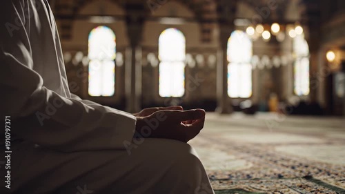 Man Praying In Mosque With White Robe And Hands Raised In Worship