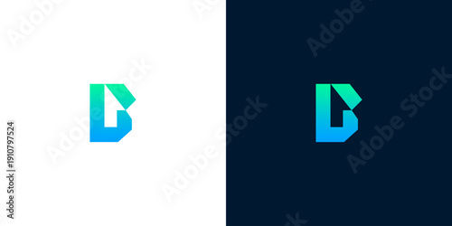 Modern abstract letter B logo design with gradient colors on white and dark backgrounds, unique branding concept