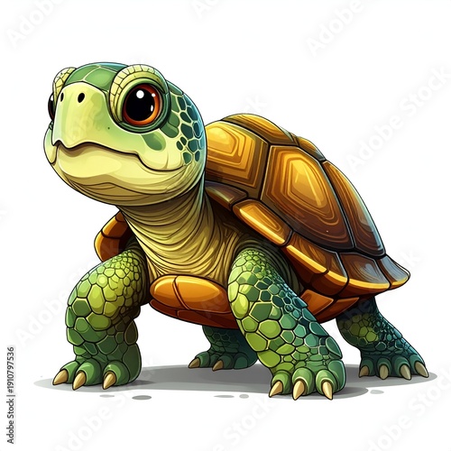 A cartoon baby turtle with green skin and a brown shell stands on a white background, looking forward