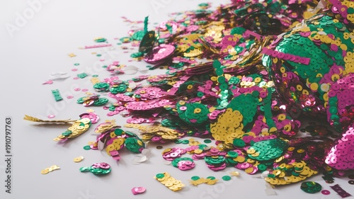 Wallpaper Mural Mardi Gras confetti background with green gold and purple sequins. Festive carnival party decoration texture on white. Copy space for text Torontodigital.ca