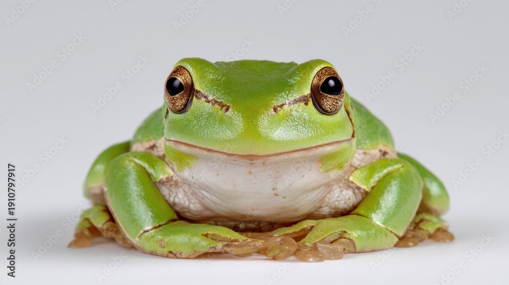 Fototapeta premium Studio portrait of a green tree frog with vivid green skin and amber eyes on a white backdrop