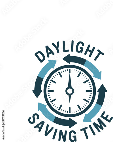 minimalist vector illustration for Daylight Saving Time begins featuring a clock face with a spring forward arrow.