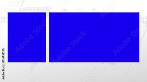 Two box split screen for news, interviews, live broadcast, tv shows, live streaming. Blue chroma key cut, 4K loopable world map background with light green elements, simplicity and minimalism design.