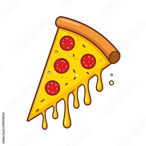 A cartoon style pepperoni pizza slice with melting cheese, isolated on a white background with light outlines