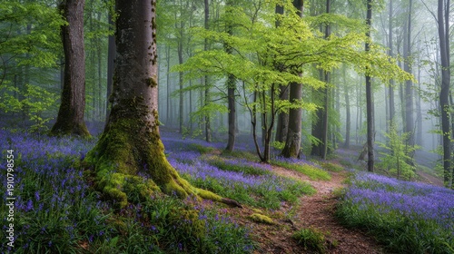 Sun-Dappled Belgian Woodland With a Carpet of Bluebells in Spring Near Brussels
