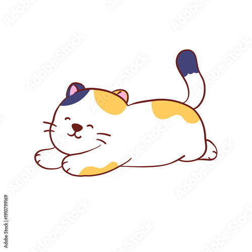 An orange and black cat lying face down with a cute smile. Hand-drawn.