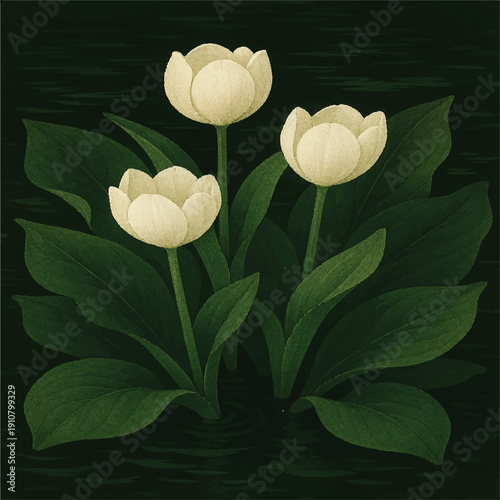 white tulip on black background. delicate tulip flowers with white petals and bright green leaves on dark background.