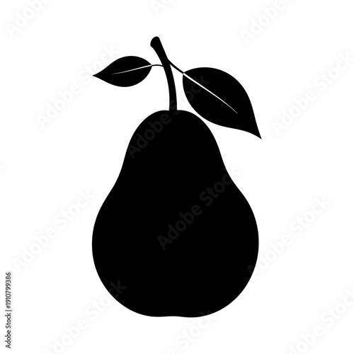 Fresh pear fruit with a stem and two leaves, isolated white background.