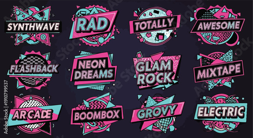 Retro 80s Synthwave Badges. Vintage Pop Culture Labels. Graphic Design Elements.