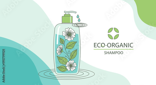 Eco Organic Shampoo Bottle with Flowers Illustration - Natural Beauty Product
