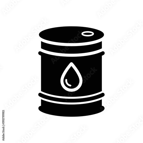 Silhouette of an oil barrel with a prominent drop symbol isolated white background, representing crude oil and energy resources.