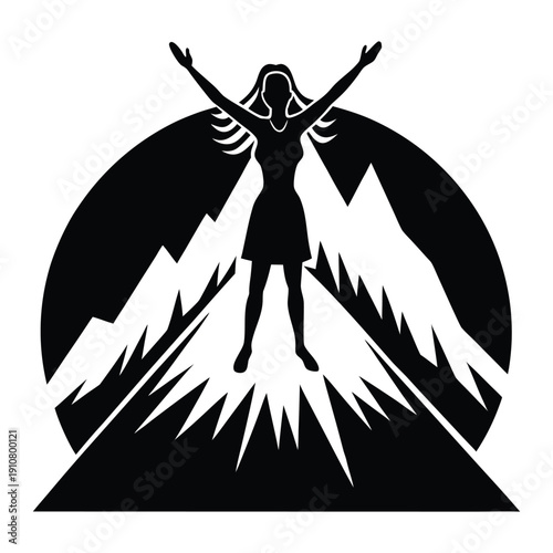 Empowered Female Adventurer Raising Fist in Victory on Summit