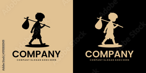 vector logo of a small child traveler carrying a package walking