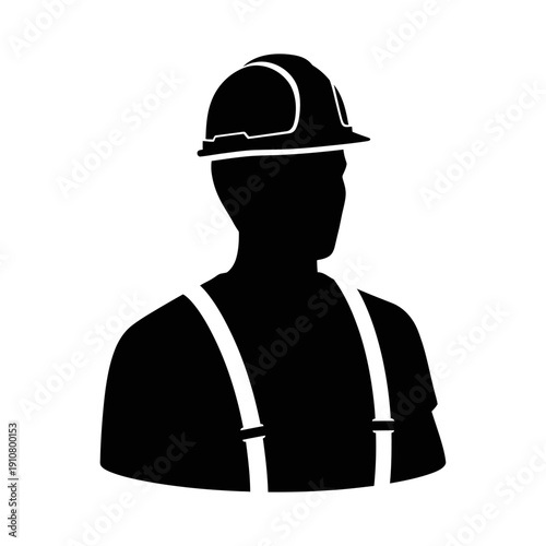 Silhouette of a construction worker with hard hat and overalls, a symbol of a hardworking professional isolated white background.