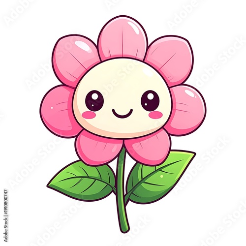 Cartoon flower with pink petals, green leaves, and a cute smiling face in the center on a white background