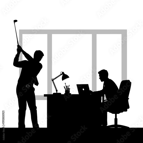 Man Practicing Golf Swing in Office.