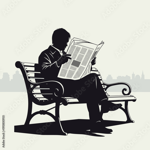 Man Reading Newspaper on Bench.