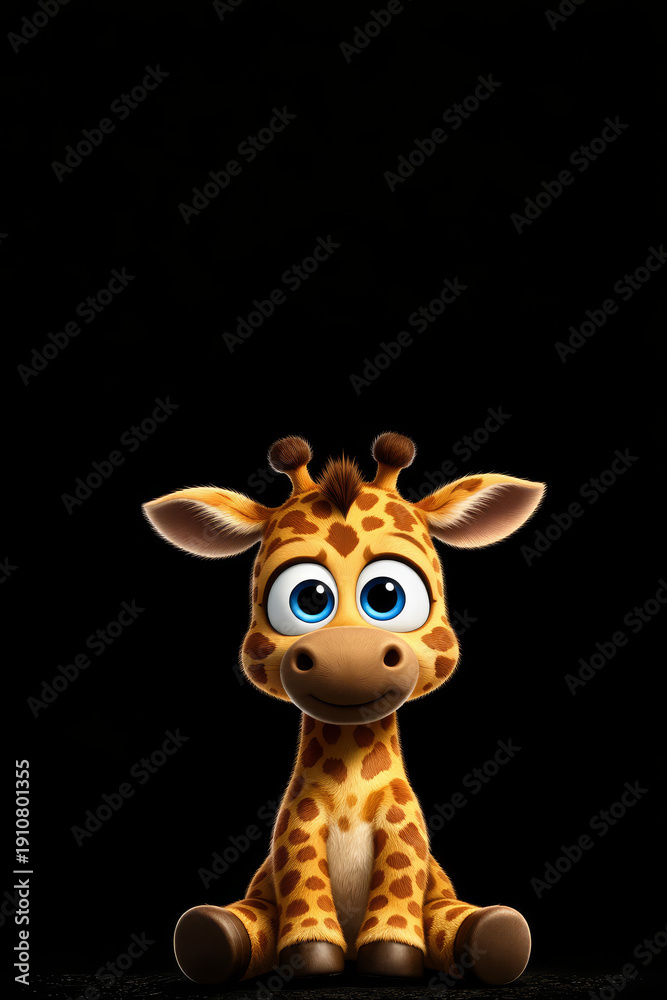 Fototapeta premium Adorable 3D Baby Giraffe Sitting with Big Blue Eyes on Black Background