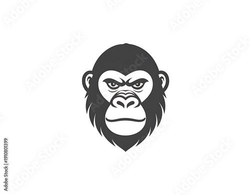 Head of a gorilla with intense gaze in simple grayscale illustration, centered on white