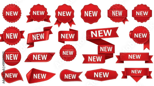Collection of red 'new' labels isolated on transparent background