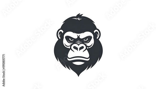 Head of a monochrome gorilla with an intense stare against a white background