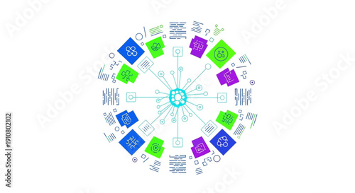A colorful circular graphic illustrating neural network connections with various colored blocks and lines on a white background.