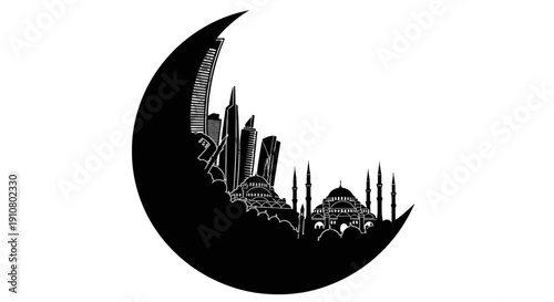 Islamic cityscape inside crescent moon silhouette featuring mosques and modern towers skyline art