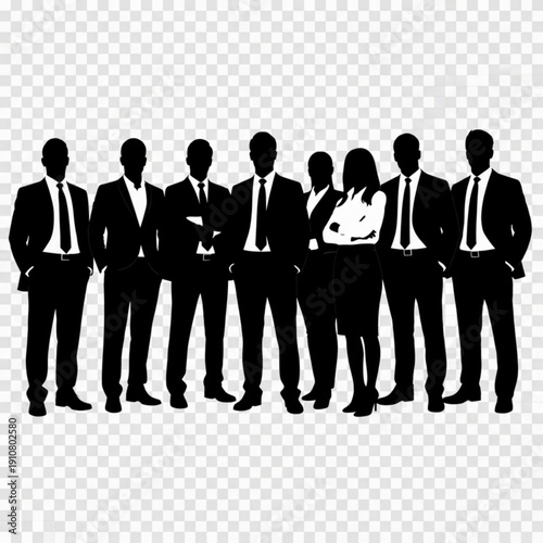 A group of business professionals standing together in a line, depicted in a flat black silhouette style on a transparent background